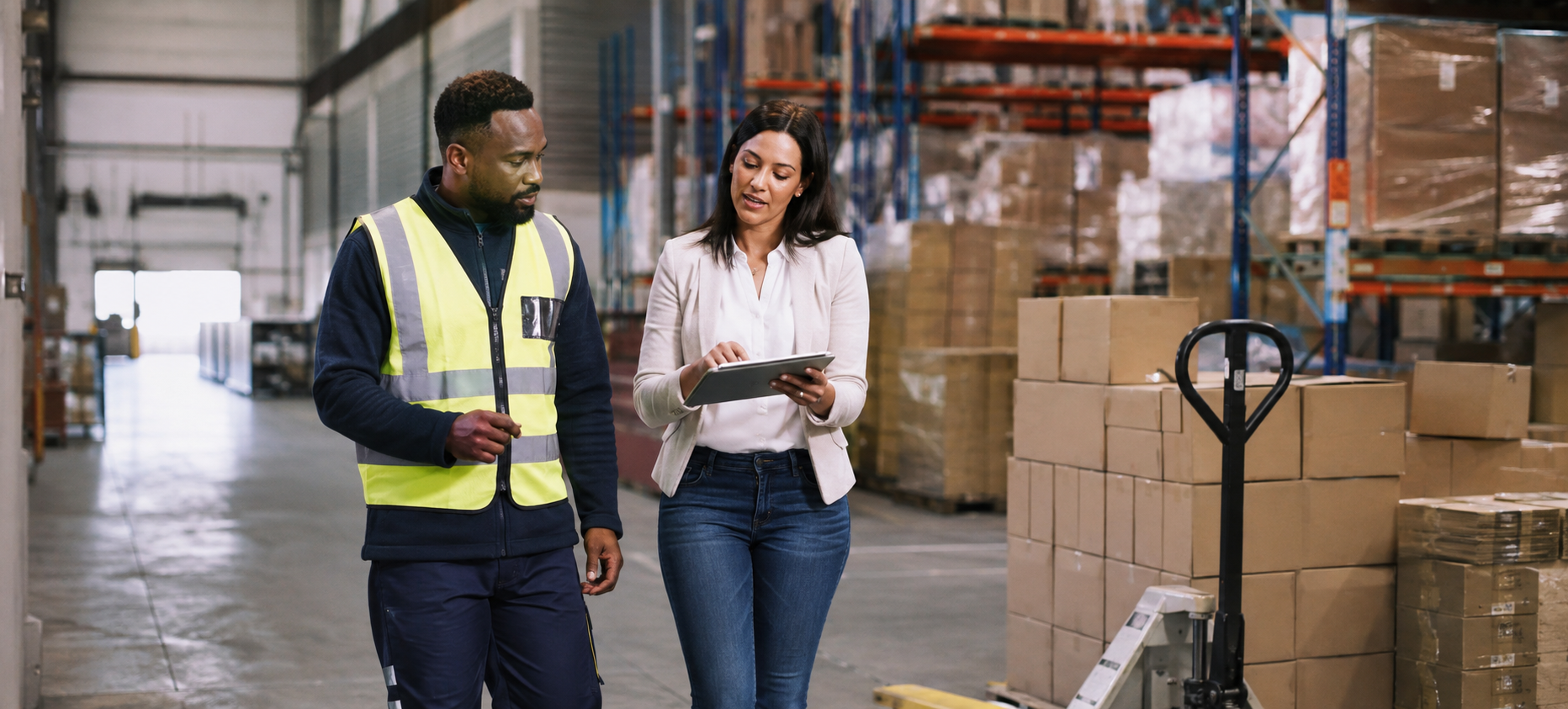 Warehouse supervisor discussing staffing needs with a recruiter near Fallbrook in Northwest Houston.
