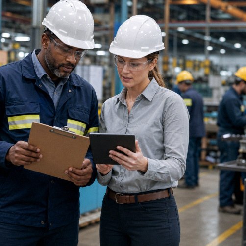 Manufacturing supervisor and staffing recruiter reviewing open production roles in a Houston-area facility