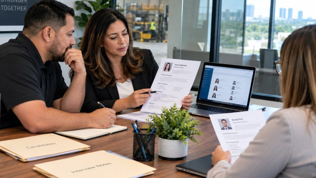 Houston employers comparing staffing agency and direct hire options during a recruiting meeting